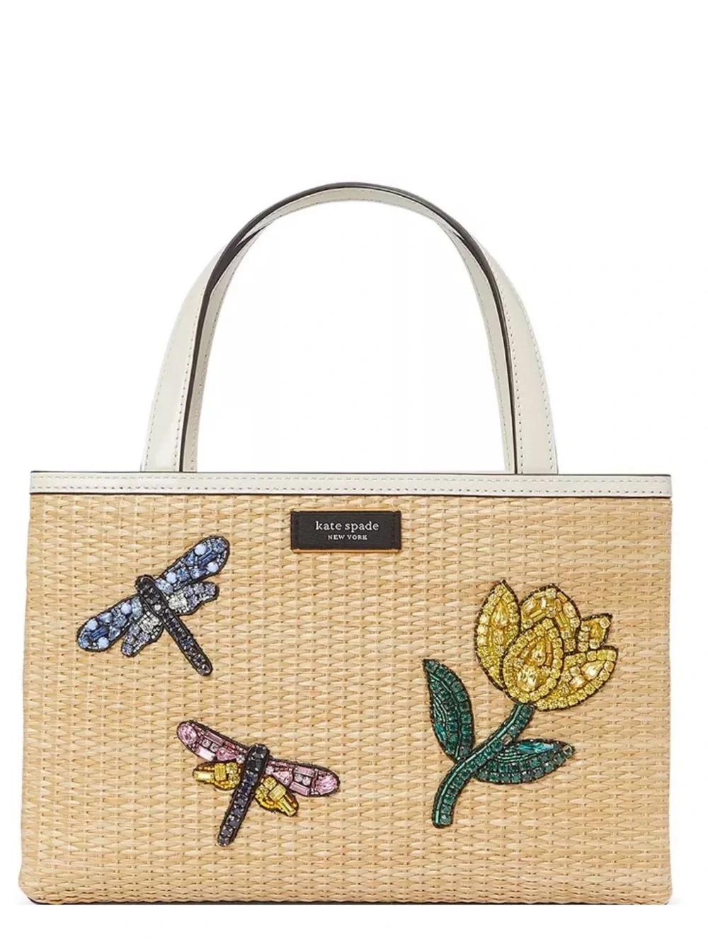 KATE SPADE Sam Icon Dragonfly Embellished Straw Small Tote Crossbody Bag Purse